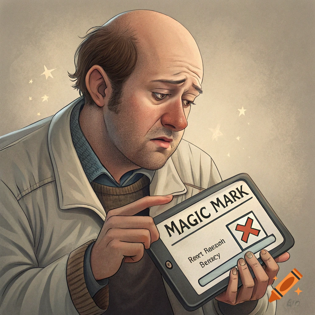 Illustration of a balding man looking sadly at a tablet displaying 'MAGIC MARK' and a red X.