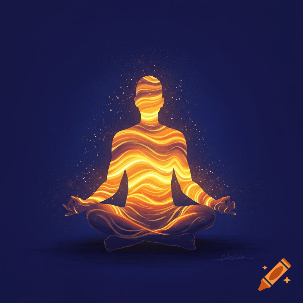 A male silhouette in a meditation pose emanating orange and yellow light waves on a dark blue background.