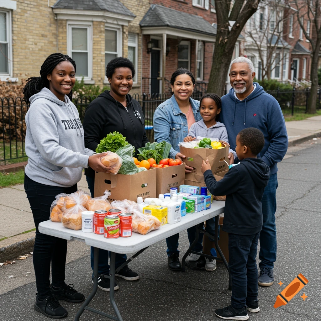 Diverse group distributes food and supplies from a table on a street.