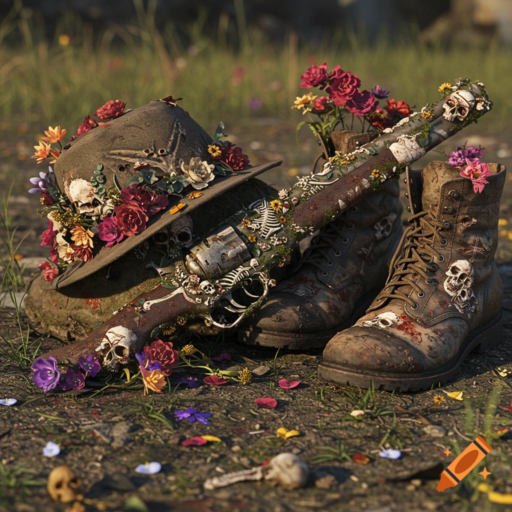 Still life of a hat, revolver, and boots decorated with skulls and flowers on the ground.