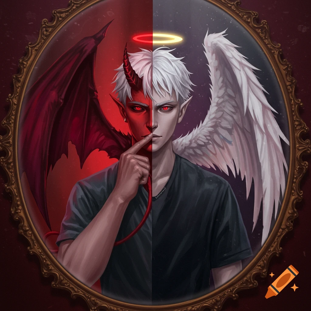 A man looks in a mirror, his reflection split into demon and angel halves.