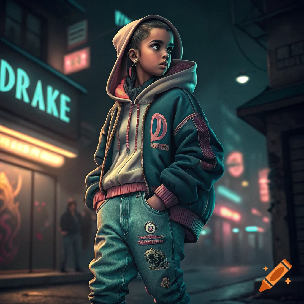 A young person in a hoodie and jeans stands on a city street at night with neon signs behind them.