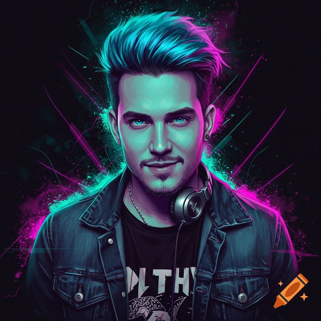 A man with bright blue hair wears headphones and a denim jacket under neon lighting.