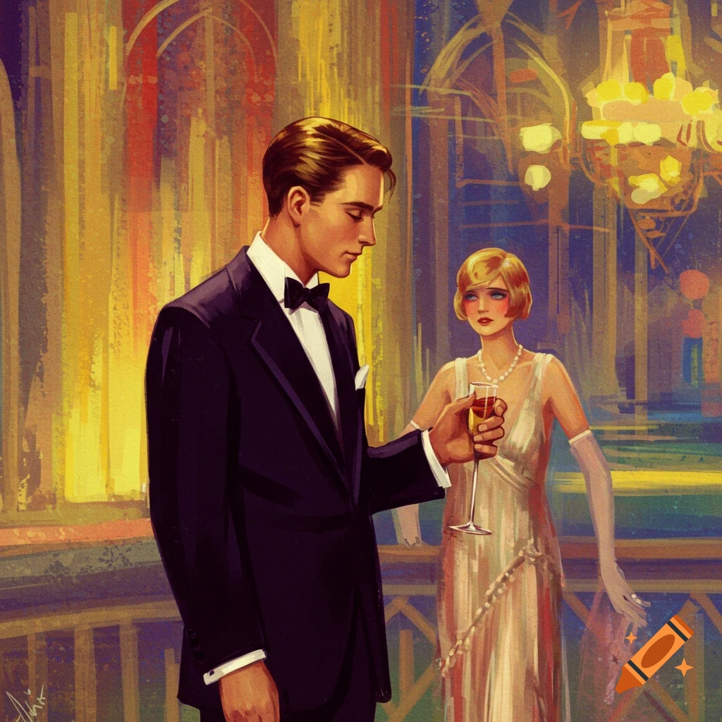 Watercolor painting of people in formal wear at a dinner party with ...