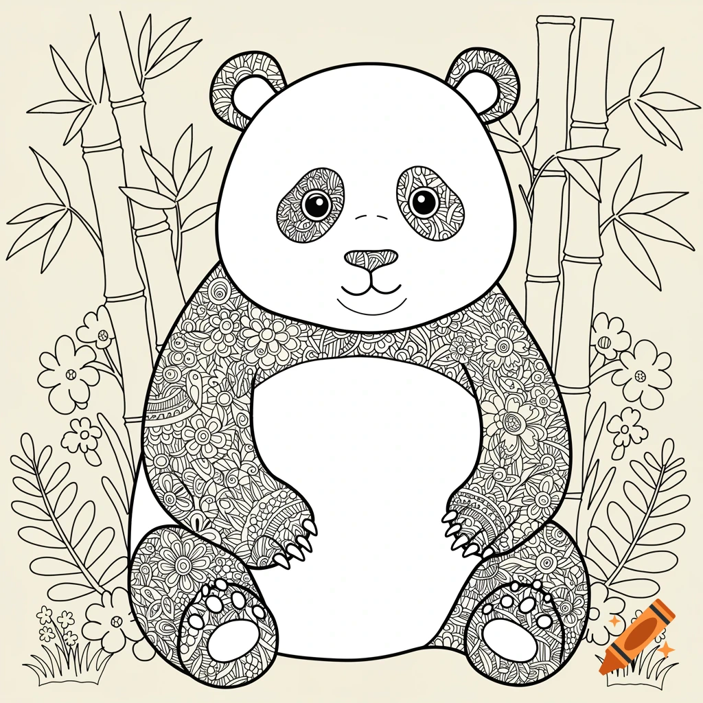 Black and white coloring book illustration of a panda sitting among bamboo stalks and flowers.