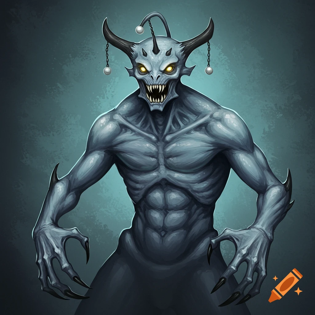 A fantasy monster with horns, glowing eyes, sharp teeth, and claws.