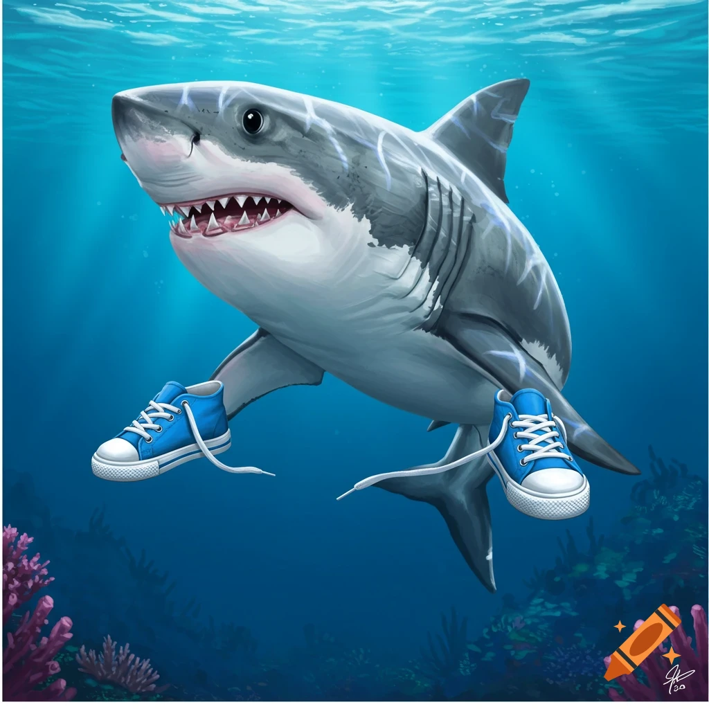 A great white shark swimming underwater while wearing blue canvas sneakers.