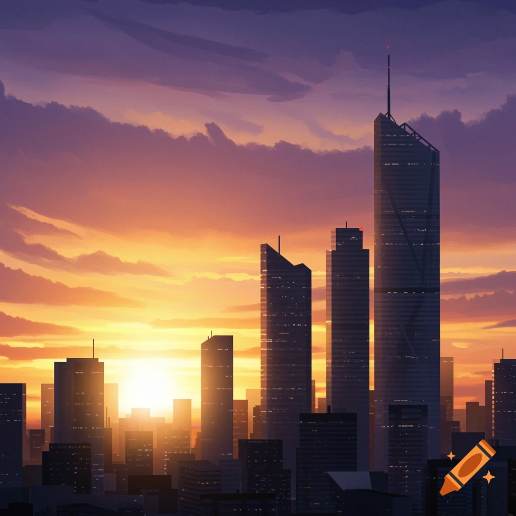 A city skyline with skyscrapers against a vibrant orange and purple sunset.