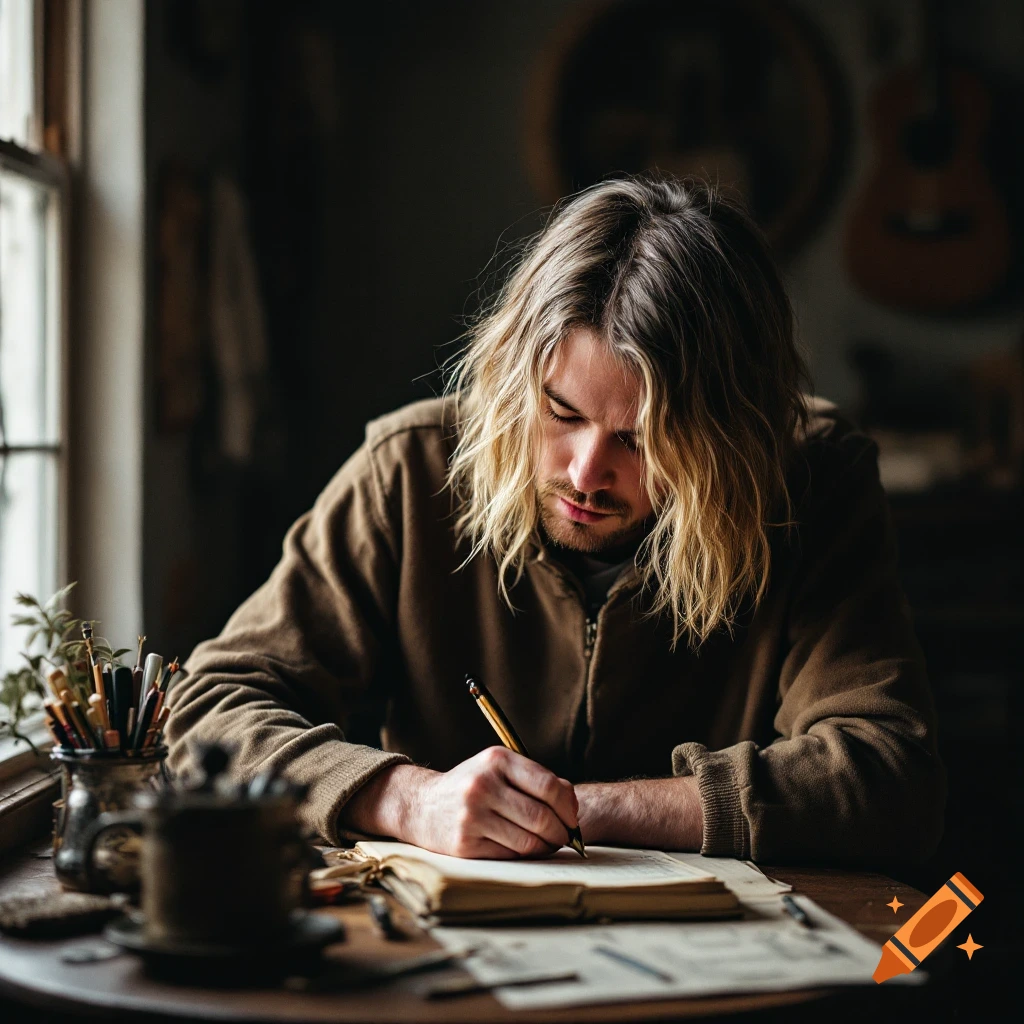 A man with long blonde hair writes in a notebook at a wooden table near a window, surrounded by papers and art supplies.