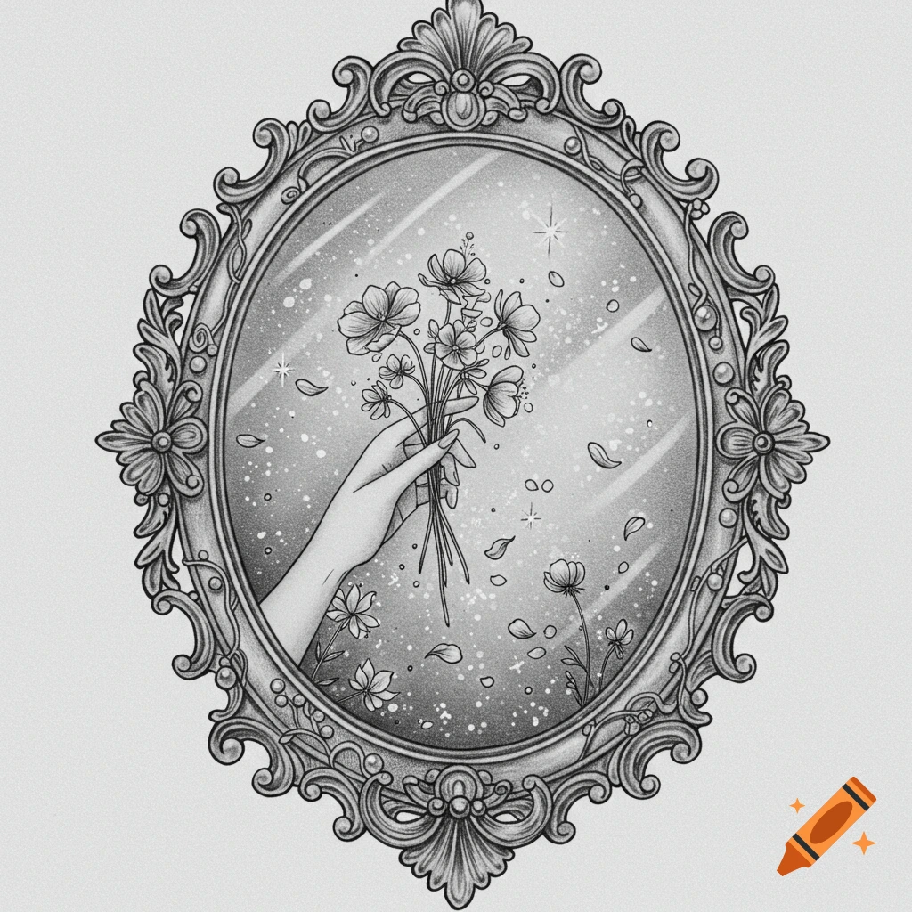 Black and white sketch of a hand holding flowers emerging from a vintage mirror.