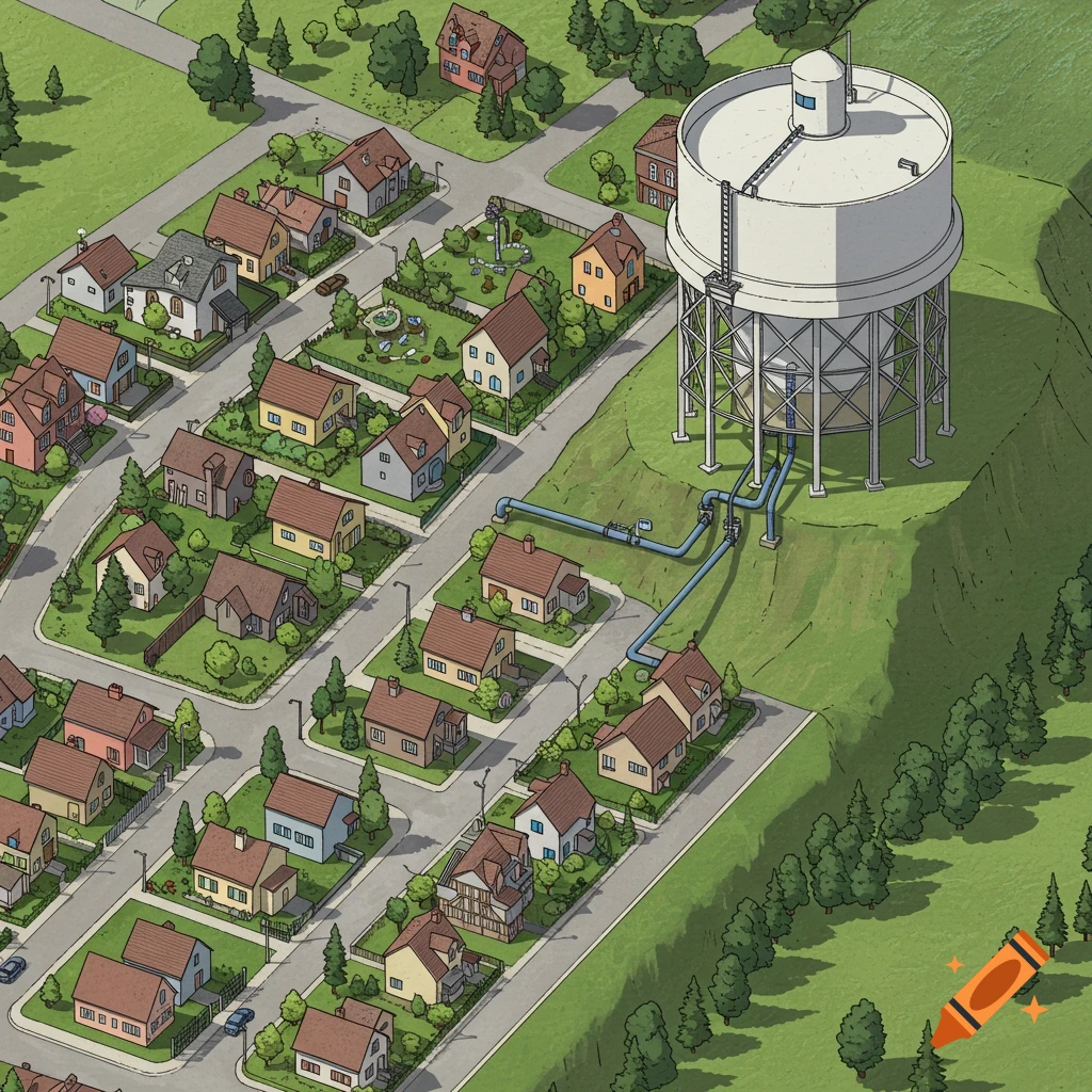 Isometric illustration of a small town with houses and a large water tower