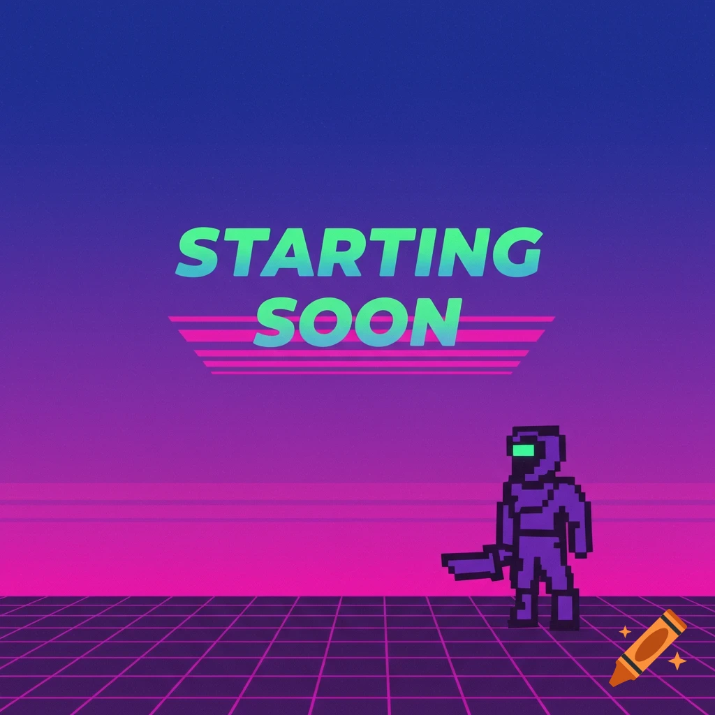 Pixel art character on a grid background with 'STARTING SOON' text in a synthwave style.