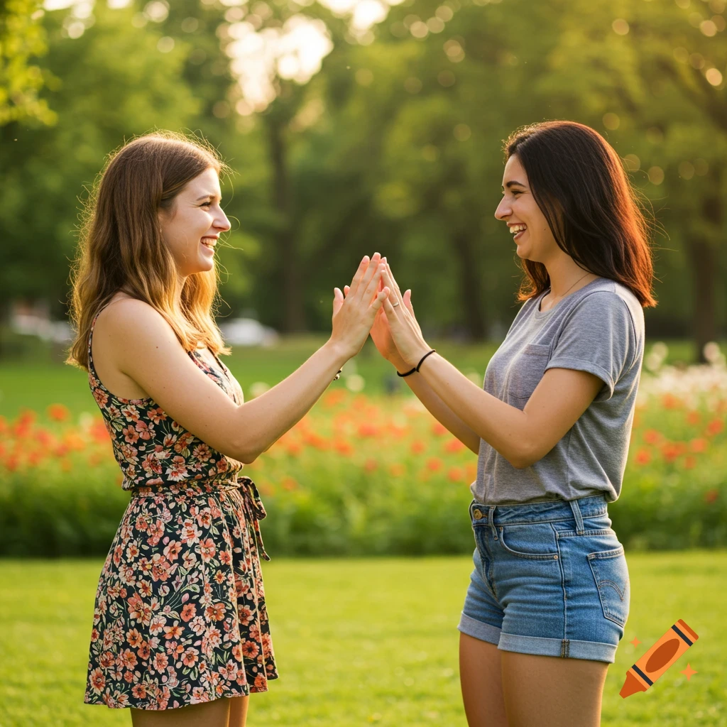 Two young women playing patty-cake in a sunny park.