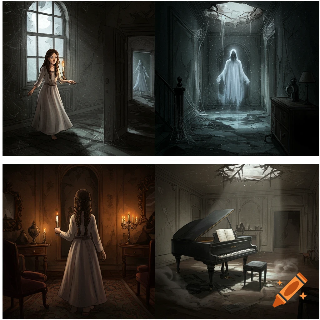 Four panel illustration showing a girl exploring a haunted house, encountering a ghost, and finding a haunted piano.