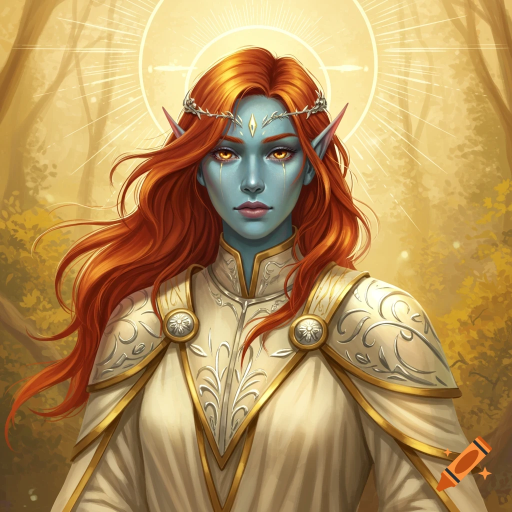A blue-skinned elf with red hair wearing white armor stands in a forest.