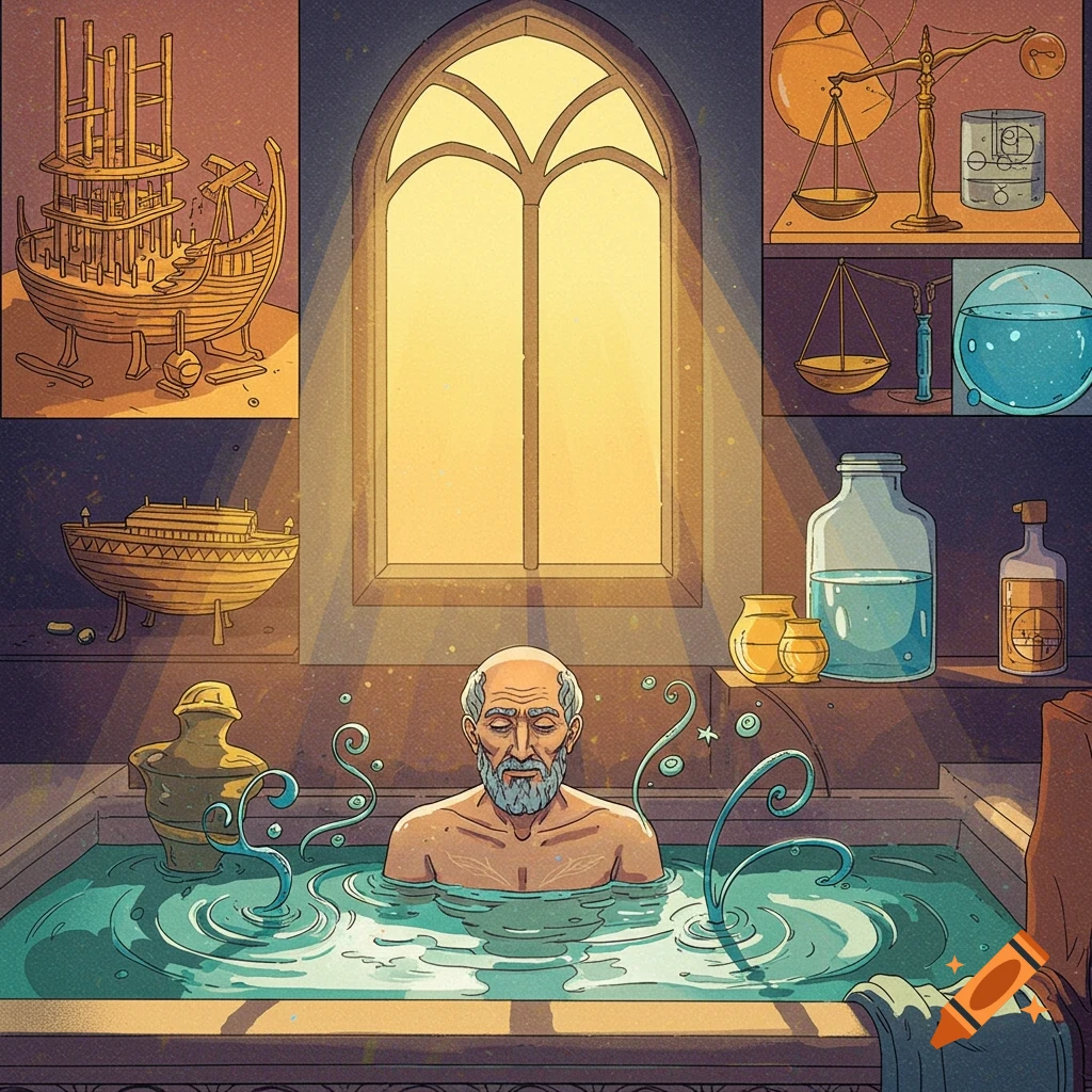 Illustration of an old man in a bath, surrounded by scales and boat models