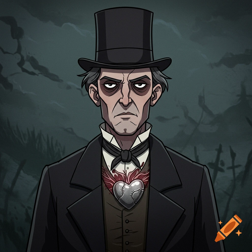 Cartoon portrait of a man in a top hat and suit with an exposed metal heart.