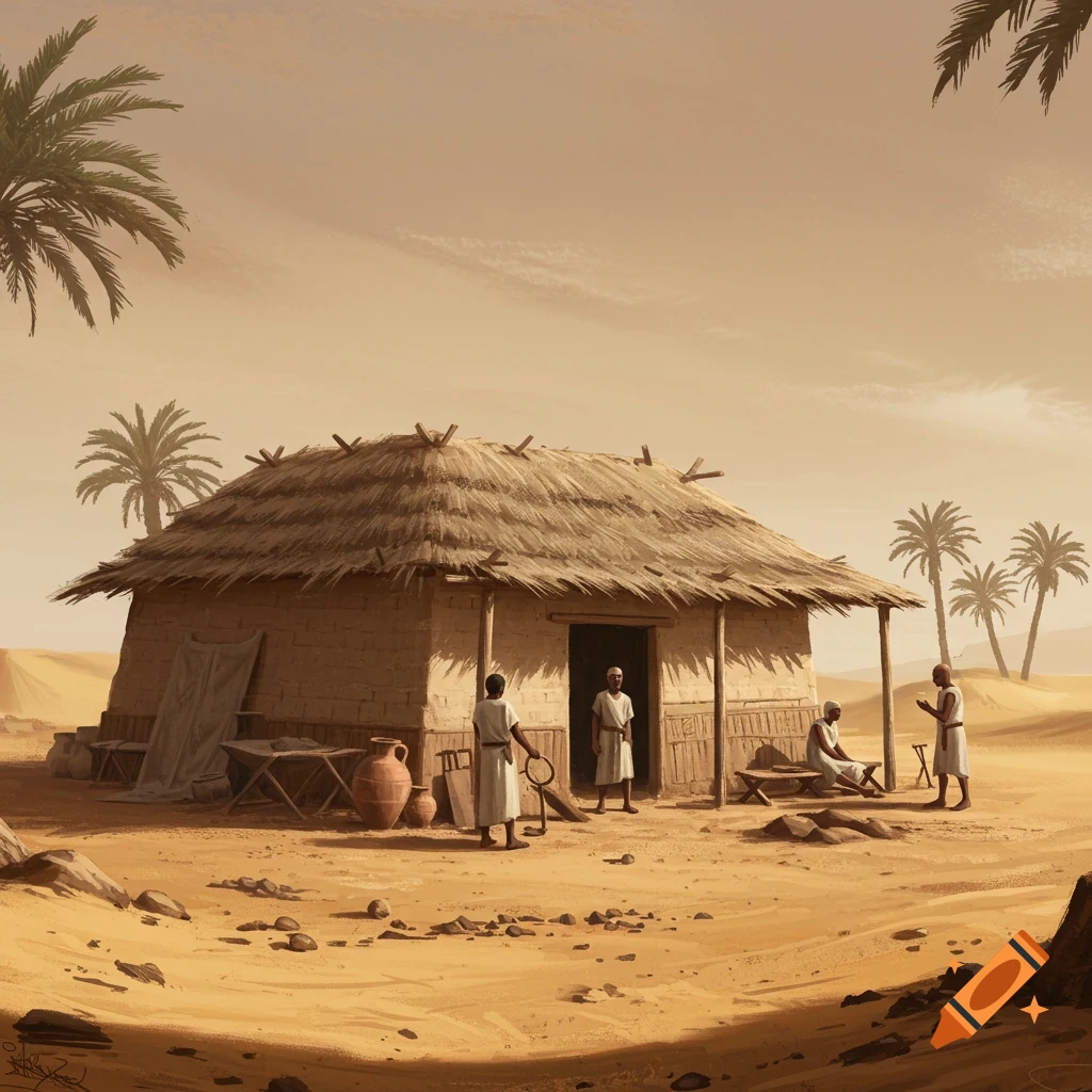 People standing near a thatched hut in the desert.