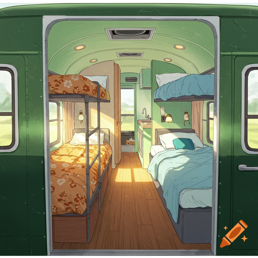 Interior of a bus with bunk beds and bedrooms, sunlight streaming through windows.