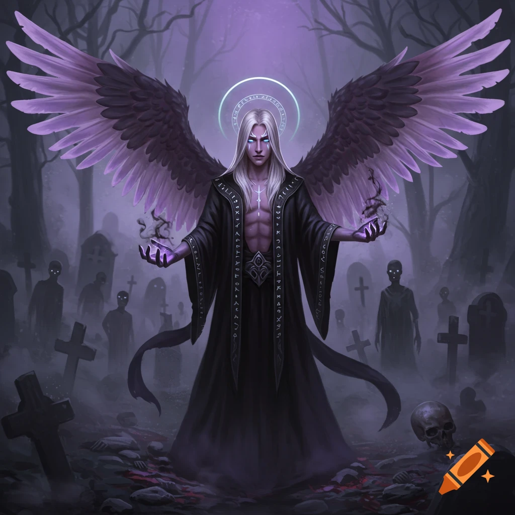 An angel necromancer in a graveyard with zombies and a skull.