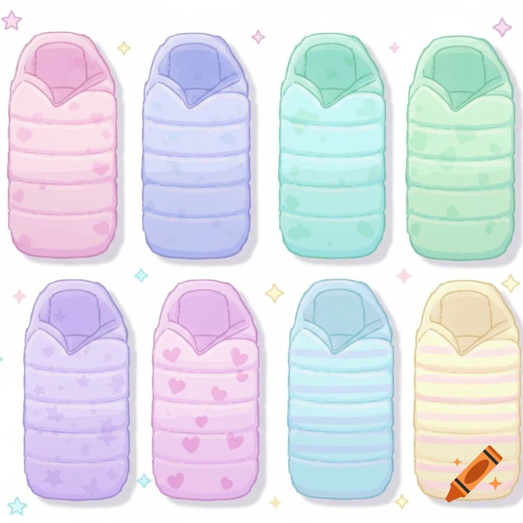 Set of pastel colored sleeping bag illustrations with stripe, star, and heart patterns