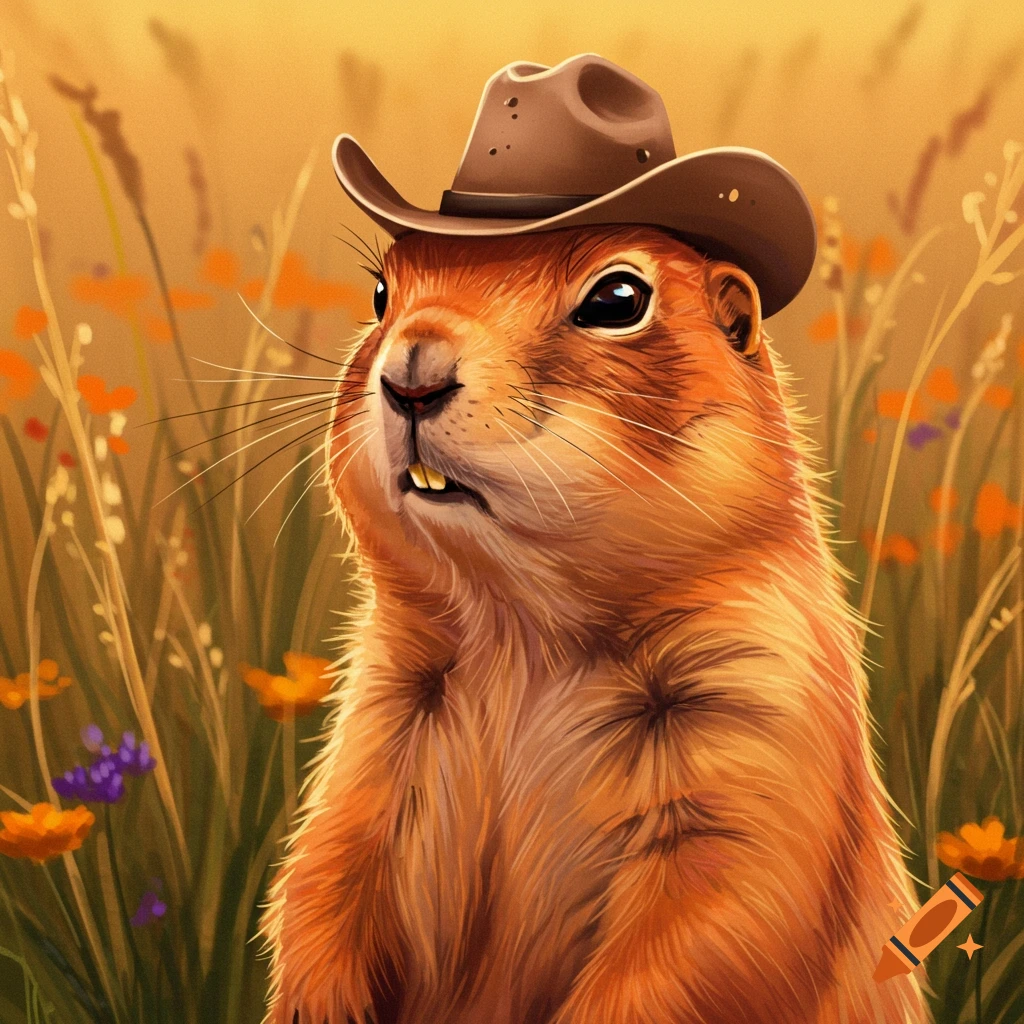 A prairie dog wearing a cowboy hat standing in a field.