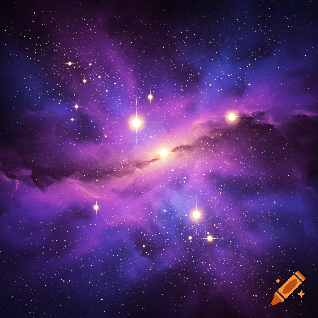 A galaxy with purple and blue swirls and bright yellow stars.