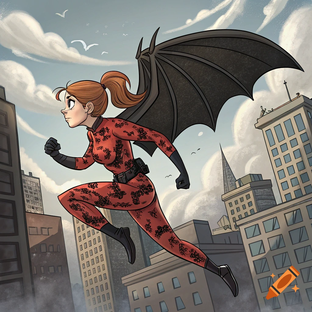 Cartoon woman with ponytail, red patterned suit, and black wings flying over a city.