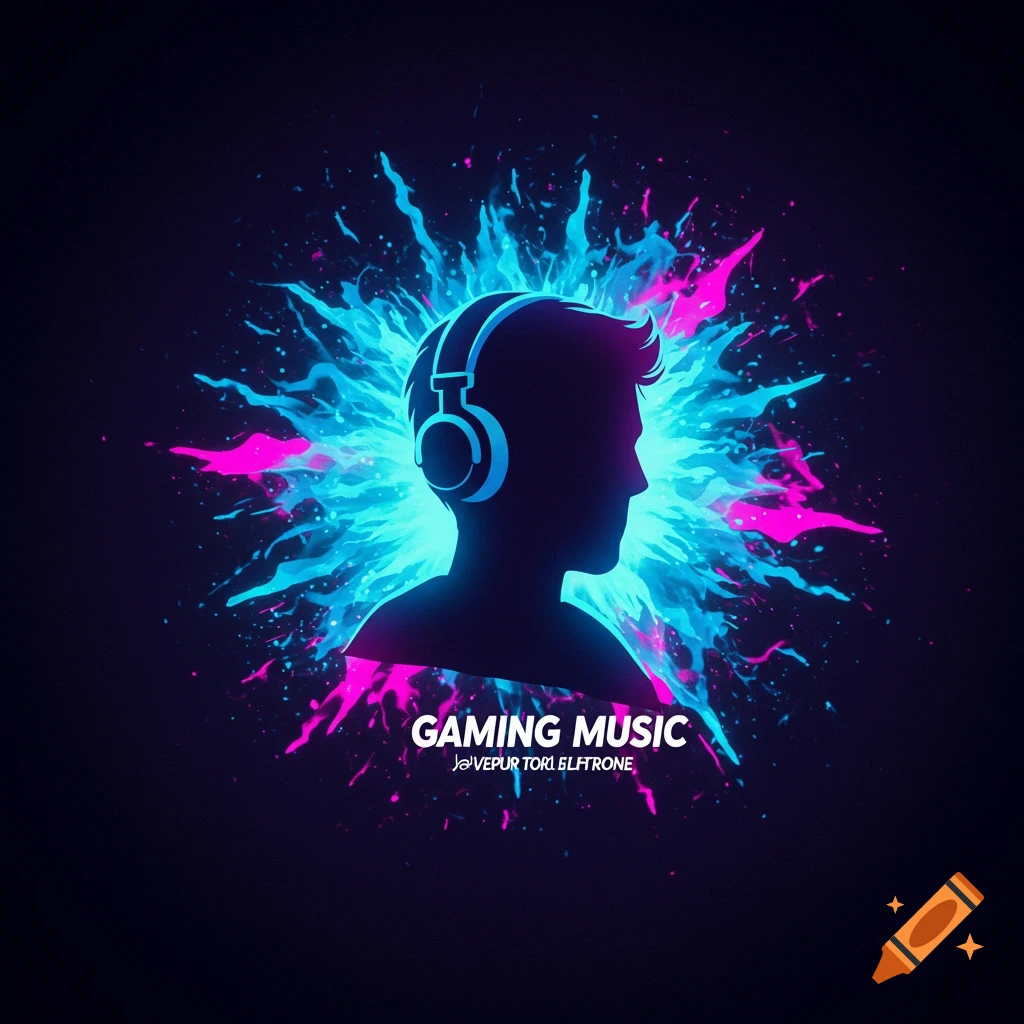 Silhouette of a person with headphones surrounded by neon pink and blue splatters, with "GAMING MUSIC" text.