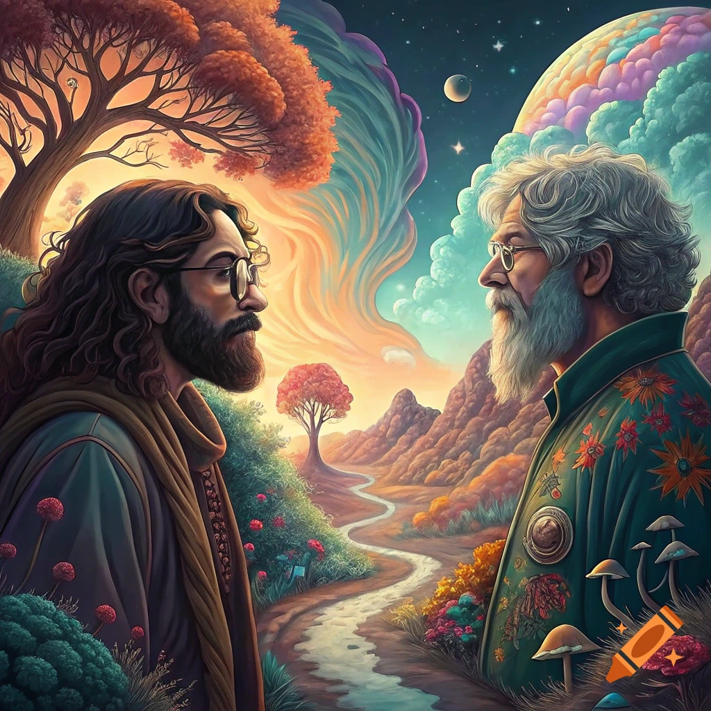 Two men with beards and glasses face each other in a vibrant psychedelic landscape with swirling skies, mountains, and mushrooms.
