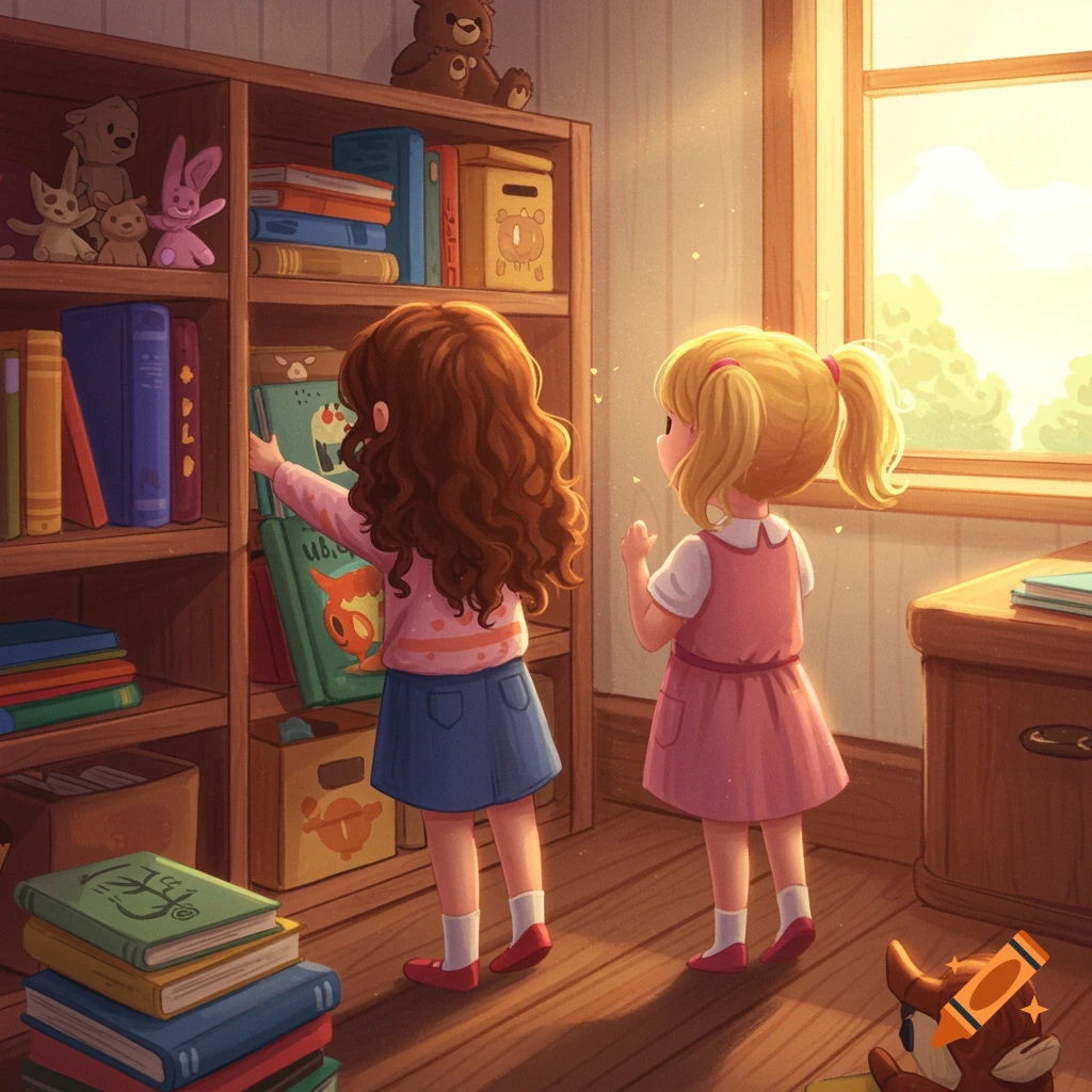 Two young girls look at colorful books on a sunlit bookshelf in a digital illustration.