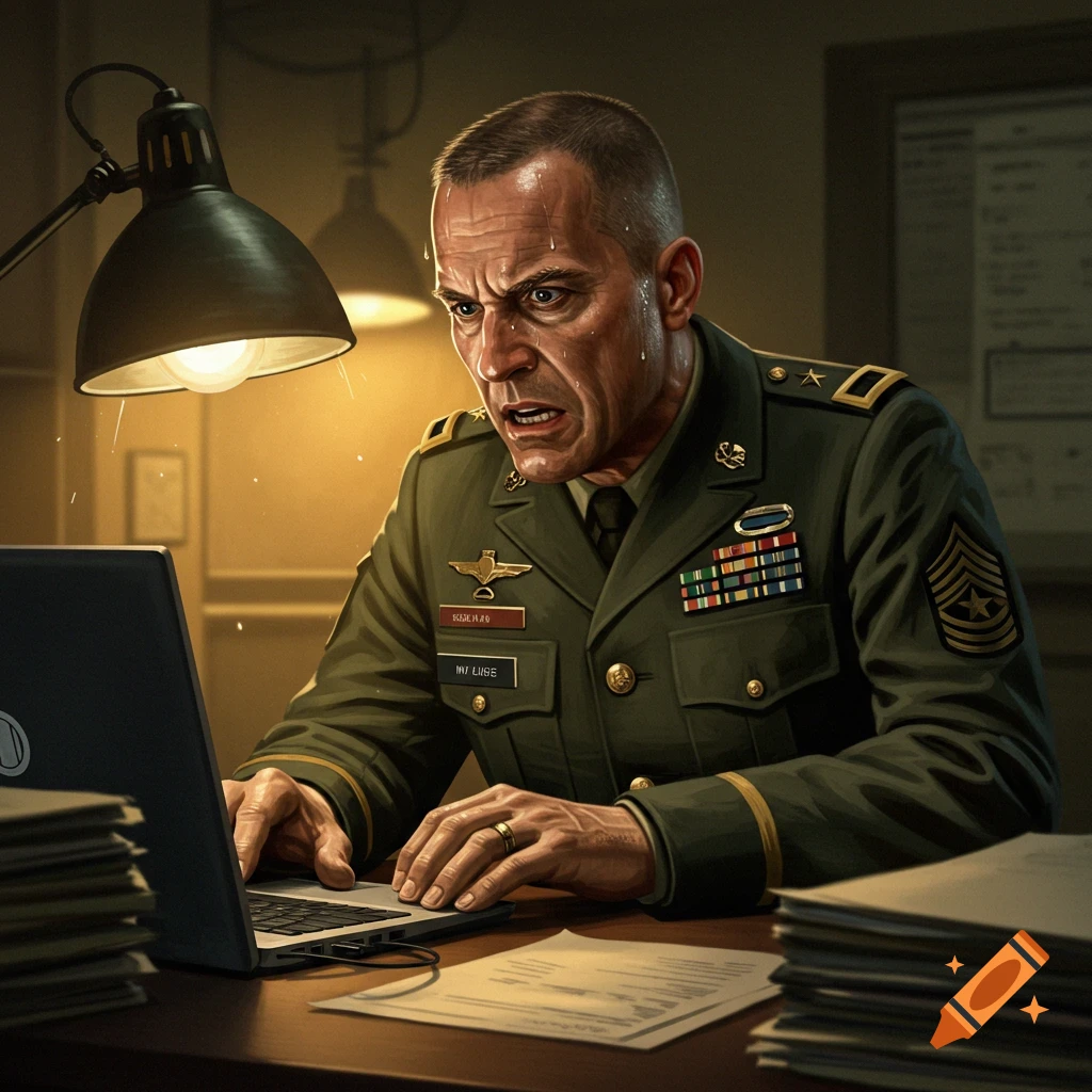 A sweating, upset US Army Major works intensely on a laptop at a desk.
