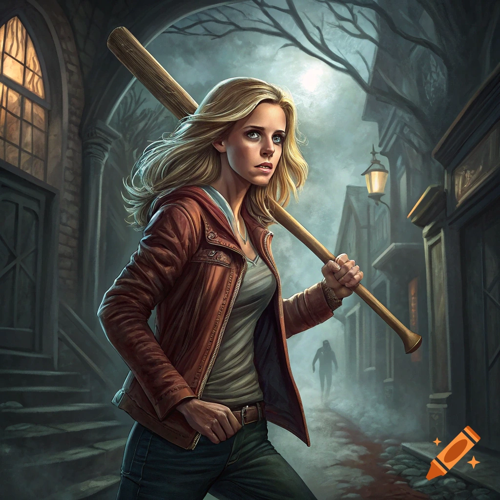 Illustration of a blonde woman with a baseball bat standing in a foggy, dark street.