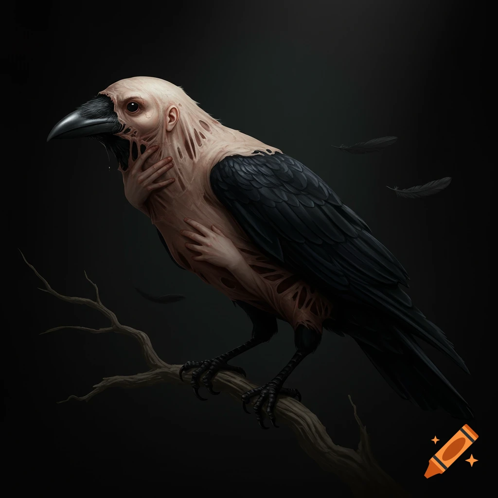 A surreal crow creature covered in human skin and hands, perched on a branch in the dark.