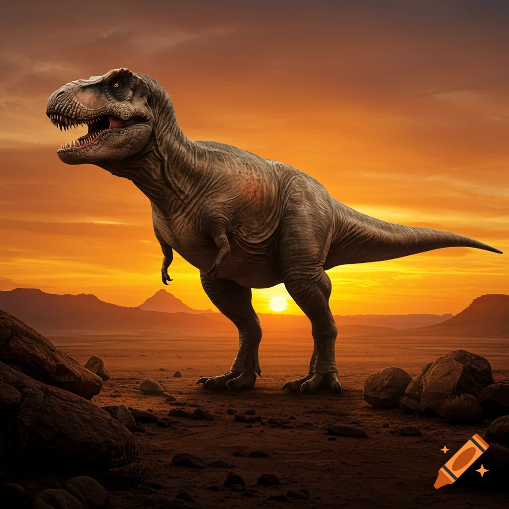 A Tyrannosaurus Rex standing in a rocky desert landscape at sunset.