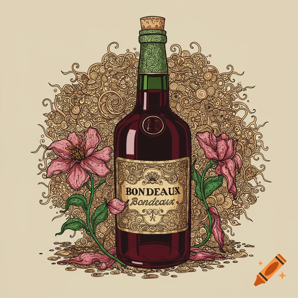 Illustration of a red wine bottle and pink flowers with a detailed zentangle background.