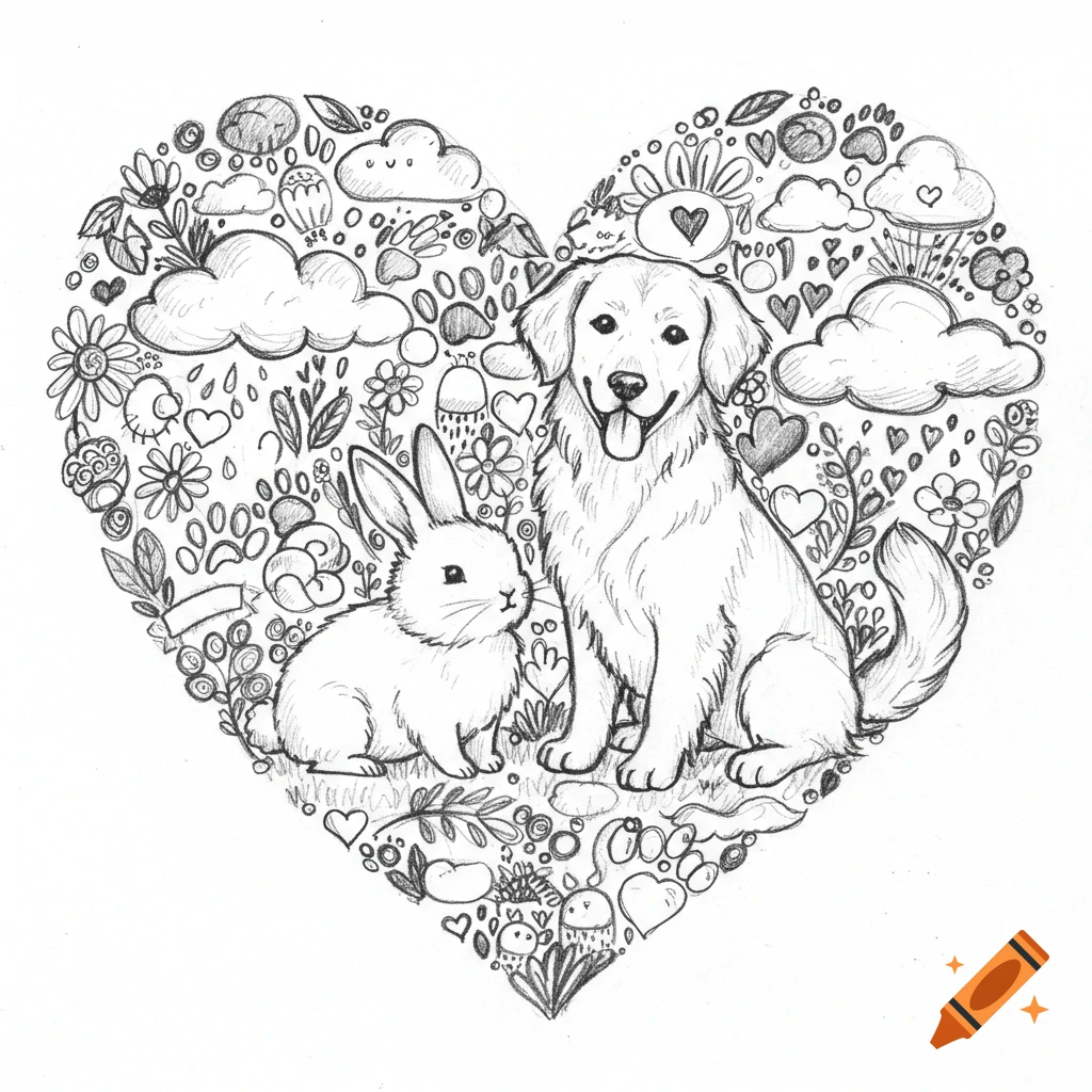 Sketch of a dog and bunny inside a heart shape filled with doodles.