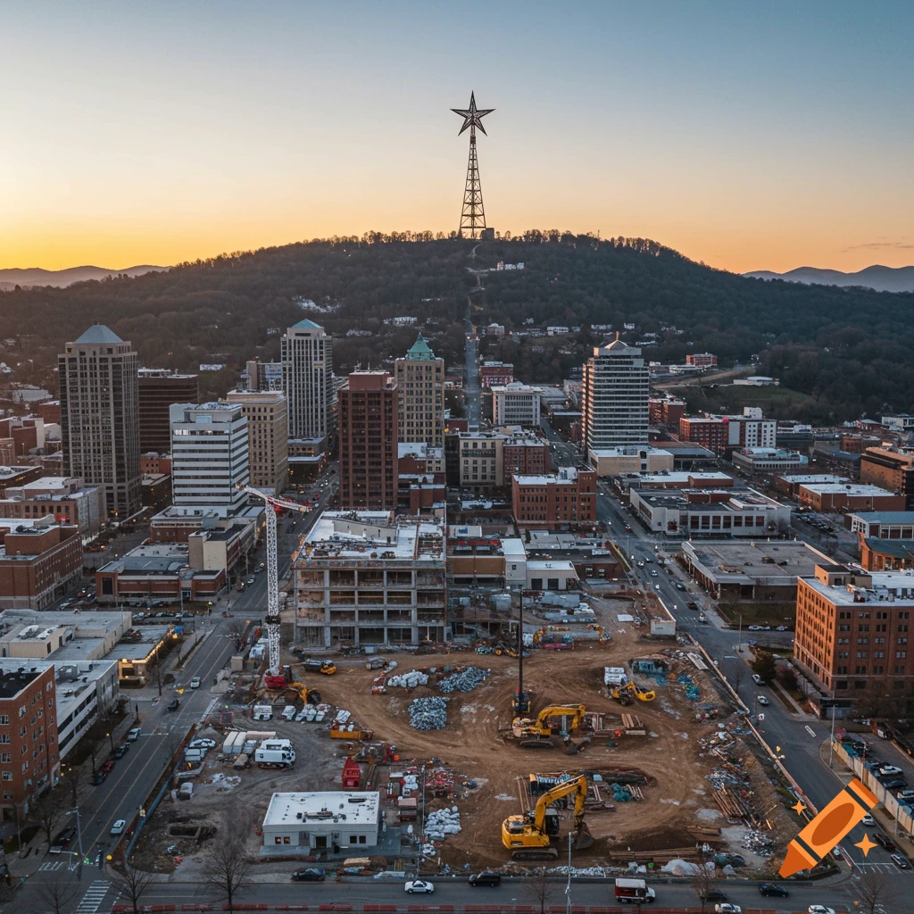 Aerial view of a city skyline with a large construction site in the foreground and a mountain with a star landmark in the background at sunset.
