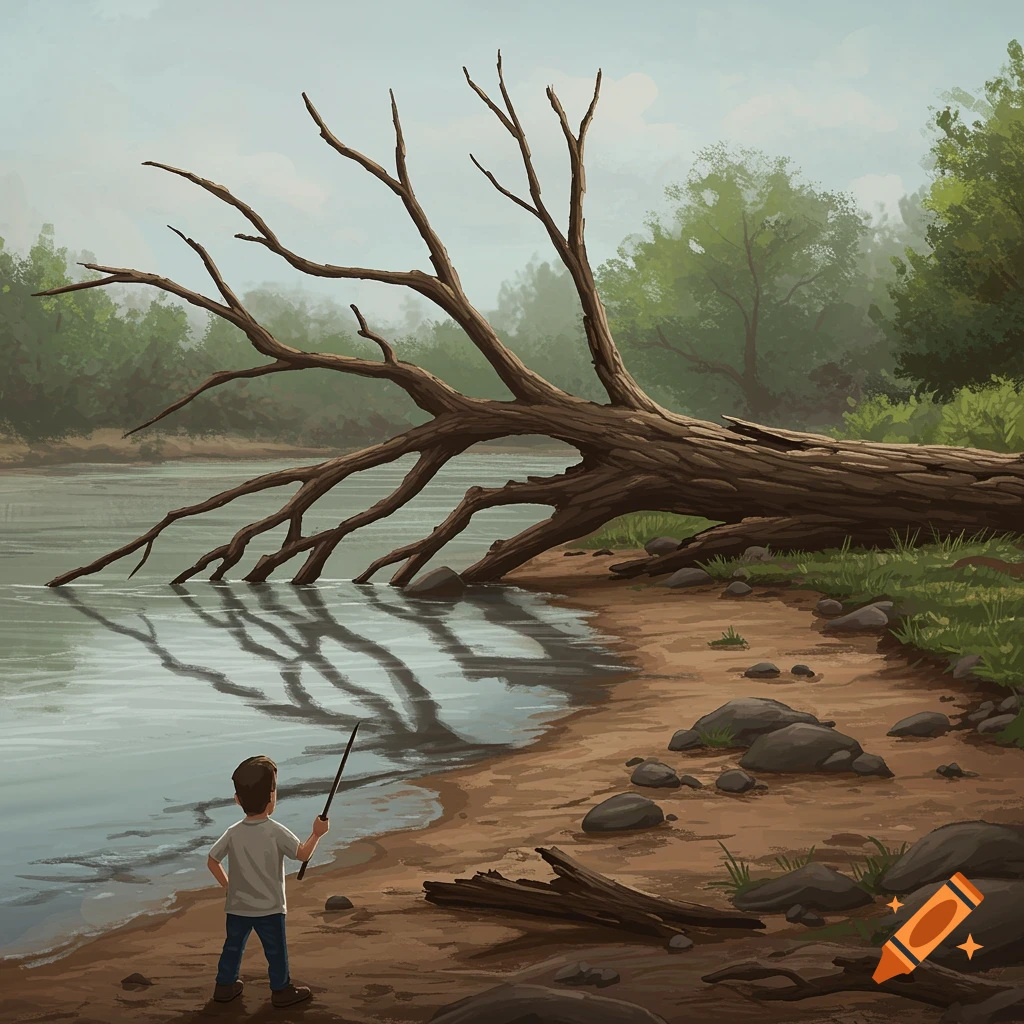 A child standing by a riverbank, looking across at a large fallen tree with bare branches reaching up.