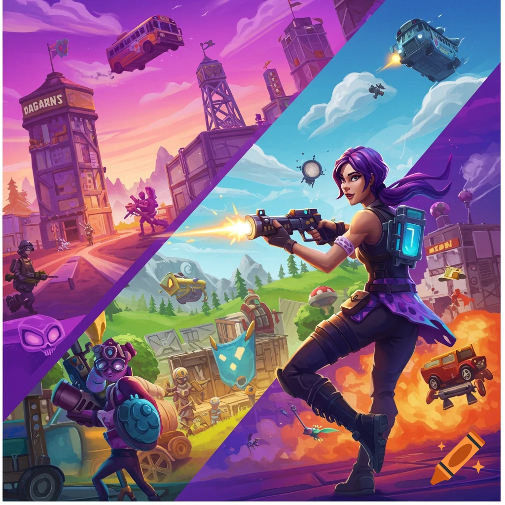 A dynamic image featuring multiple scenes of Fortnite characters fighting, buildings, and vehicles in a colorful landscape.