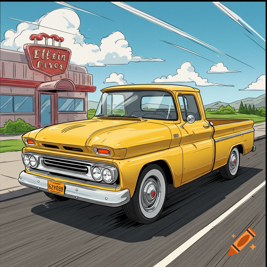 A yellow vintage pickup truck parked in front of a diner, in comic book style.