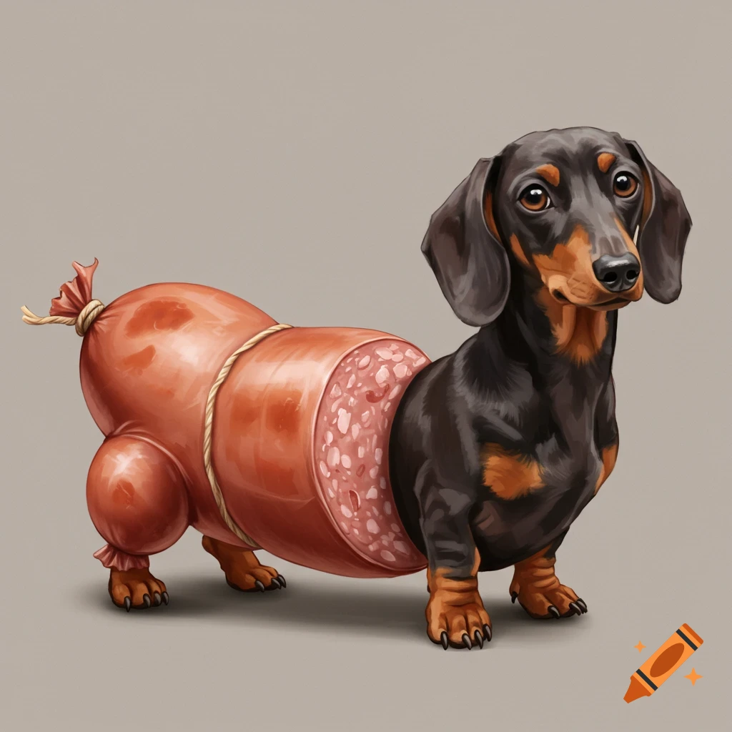 A dachshund with its back half replaced by a sausage.