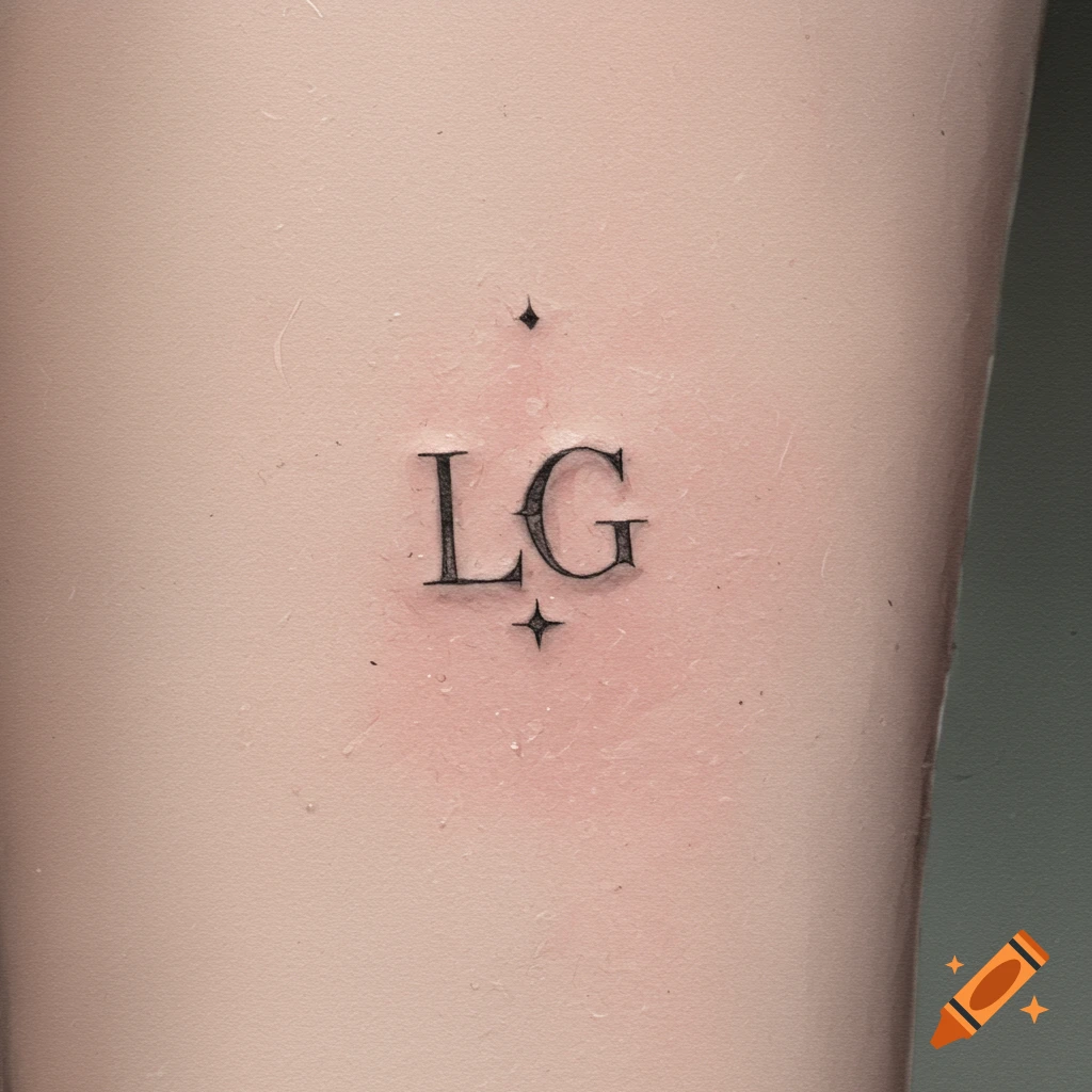 A small LG letter tattoo with sparkles on skin.