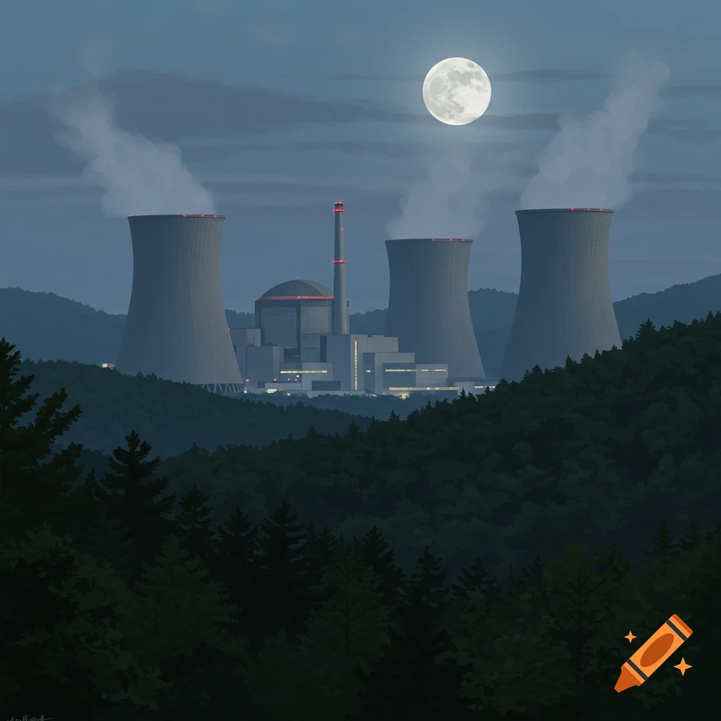A nuclear power plant at night under a full moon, surrounded by a dark forest.