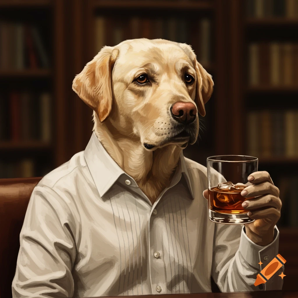 a Yellow Lab in a dress shirt holding a glass of whiskey in a library.
