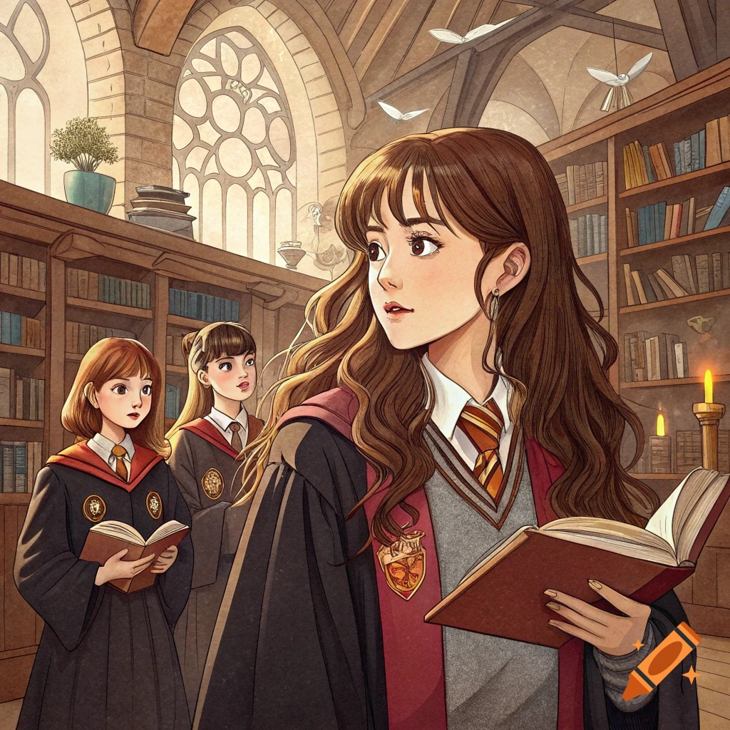 Illustrated scene of three young women in Hogwarts robes reading books in a large library.