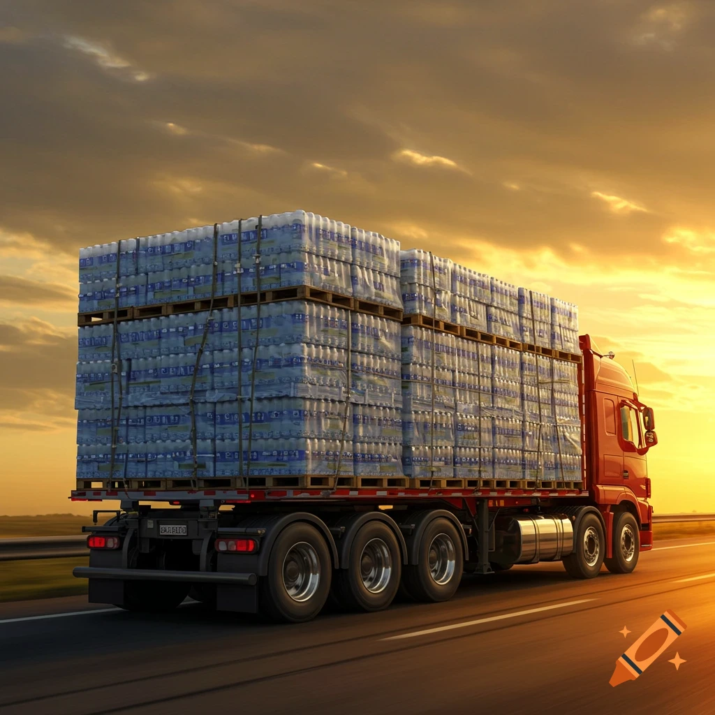A red semi-trailer truck loaded with pallets of water bottles drives down a highway at sunset.
