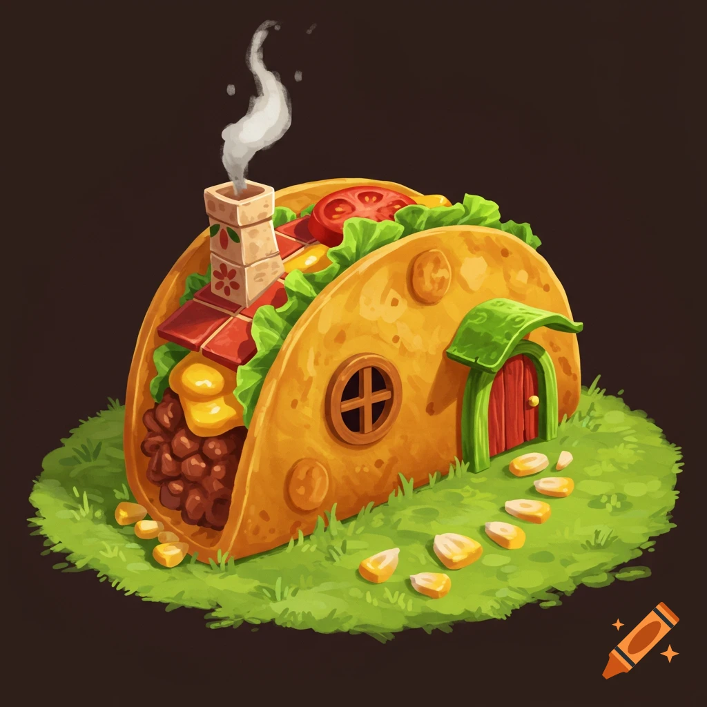 A taco shaped like a small house sits on a patch of grass.