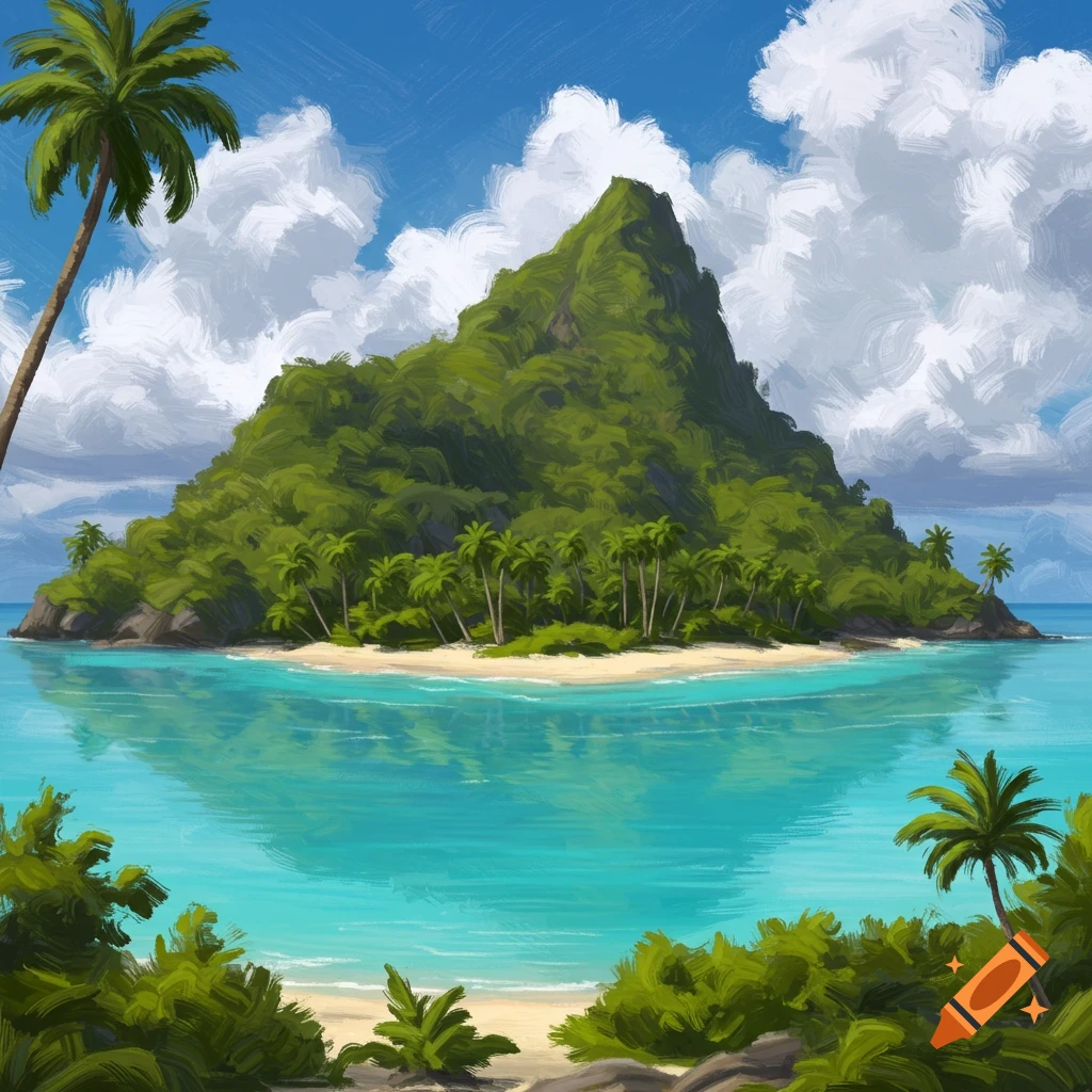 A tropical island with a large mountain, beach, palm trees, and clear blue water.