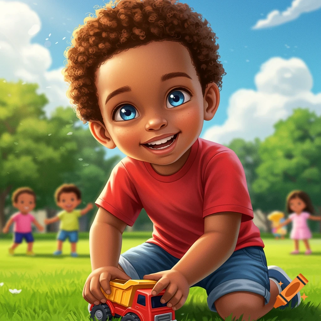 A cheerful young boy plays with a toy truck in a sunny park.